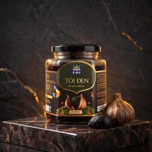 Mặt trước hủ tỏi đen 500g Vua Tỏi trên nền đá đen