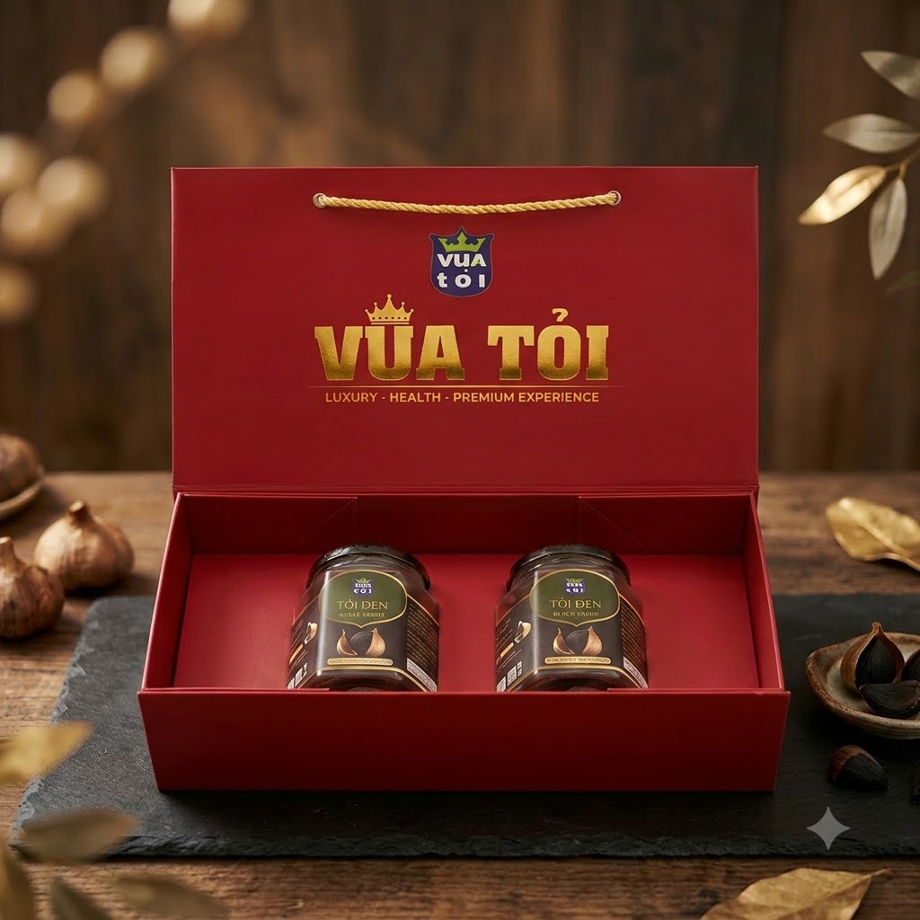 Hộp quà Vua Tỏi màu đỏ mở nắp với hai hủ tỏi đen bên trong