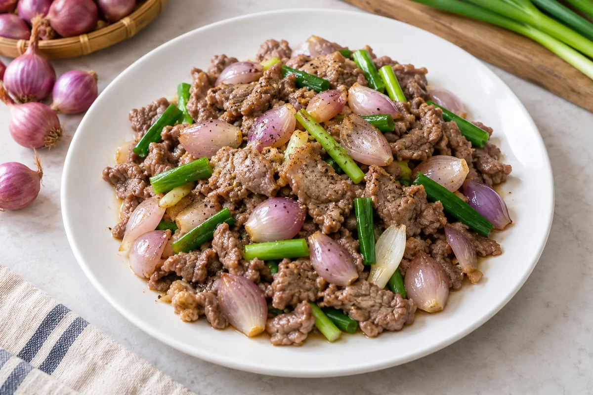 Đĩa thịt bò xào hành tím và hành lá trên bàn bếp